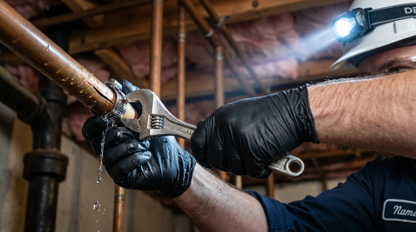 Emergency pipe clamp repair being performed by a Johns Plumbing LLC plumber in Dobson