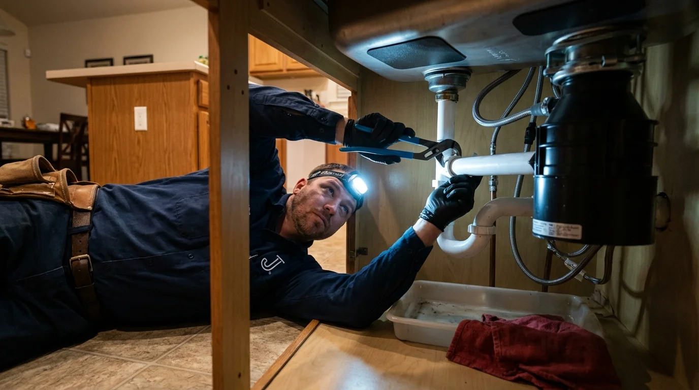 P-trap and supply line connections under a kitchen sink showing a common leak point in Dobson, NC